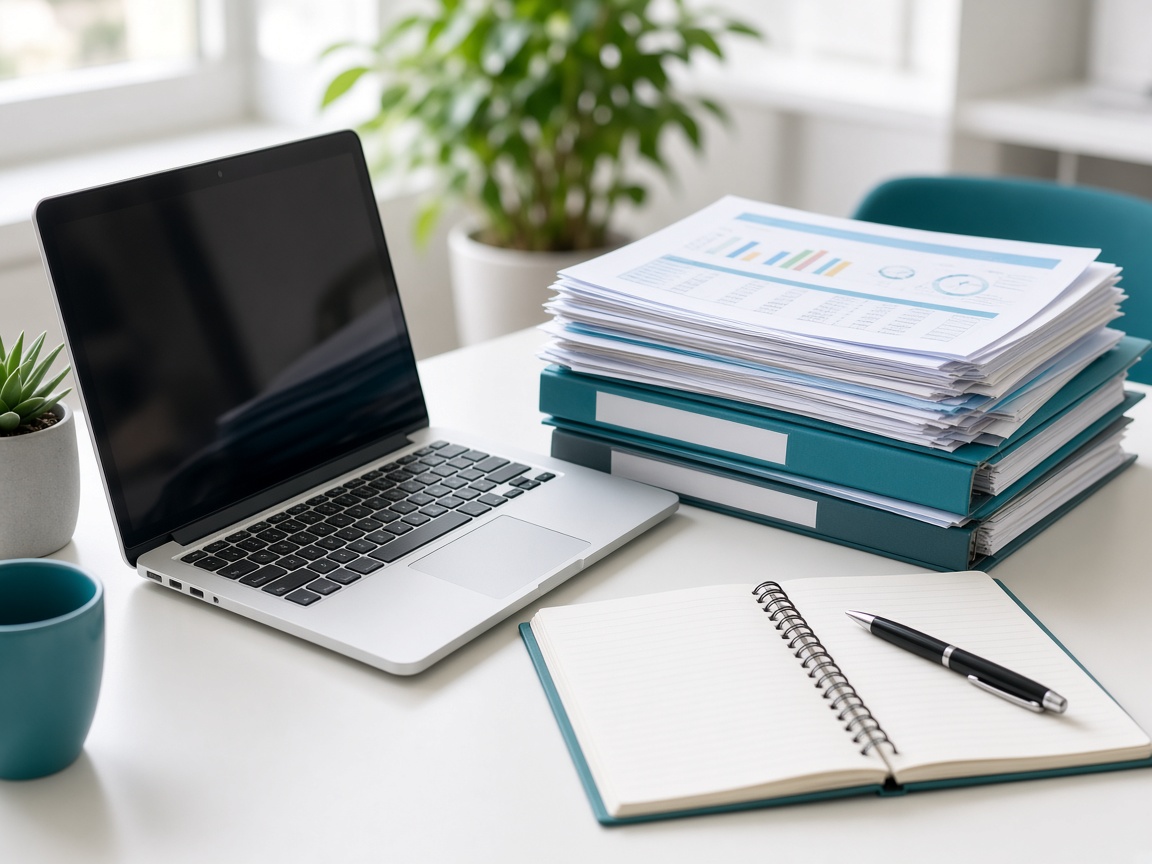 Clinical charts and a tablet on a desk during a chart review