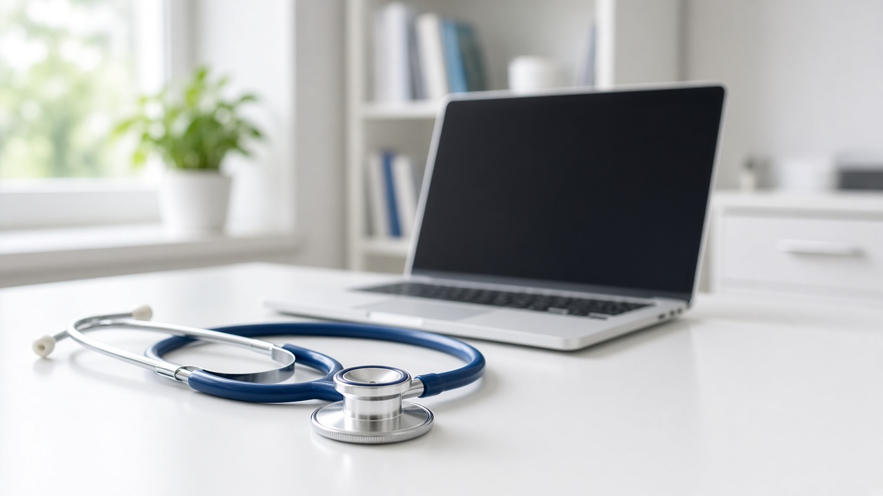 Clinical workspace with laptop and stethoscope