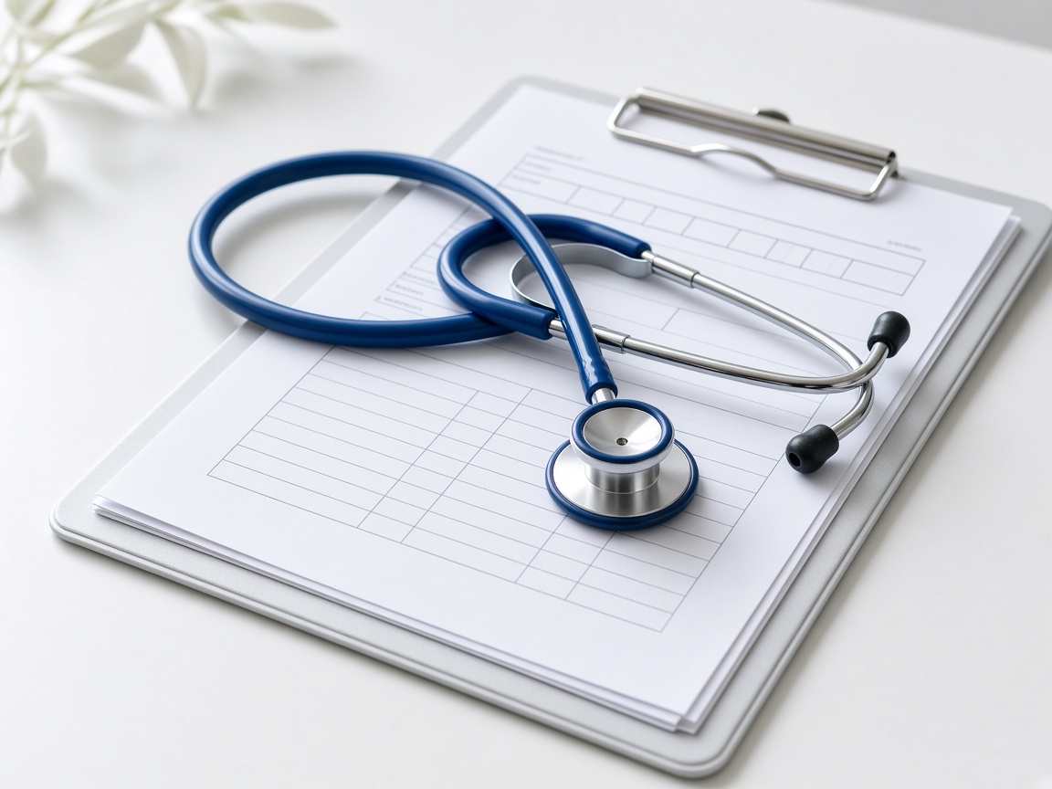 Stethoscope resting on a medical clipboard